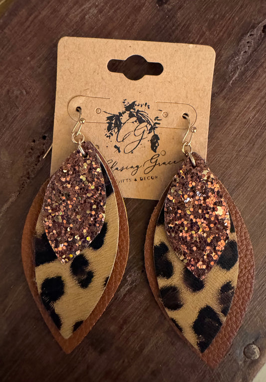 Brown Glitter/Leopard Print/Brown Leather Earrings
