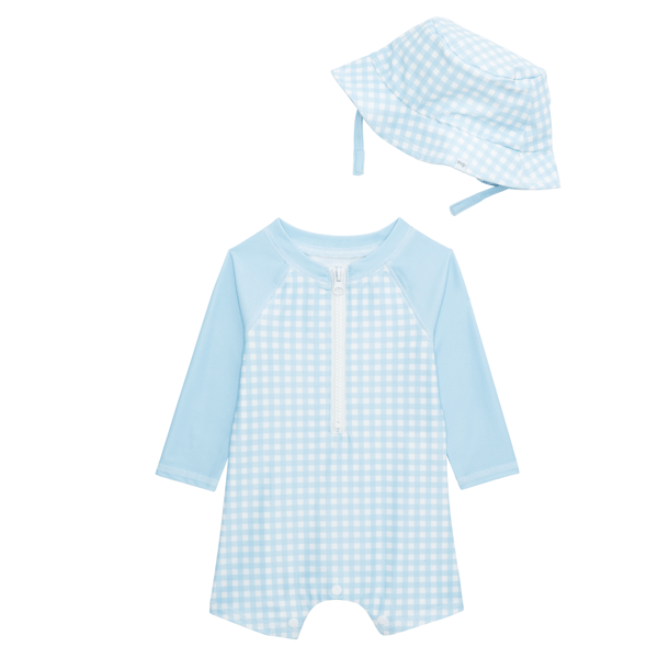 Blue Gingham Rash Guard Swimsuit