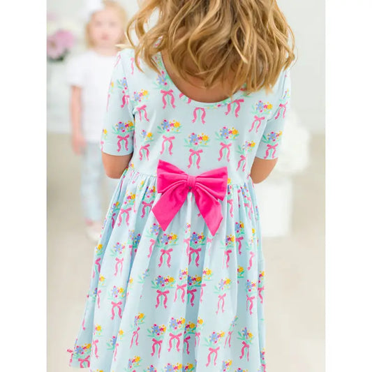 Bows and Bouquets Short Sleeve Knit Twirl Dress