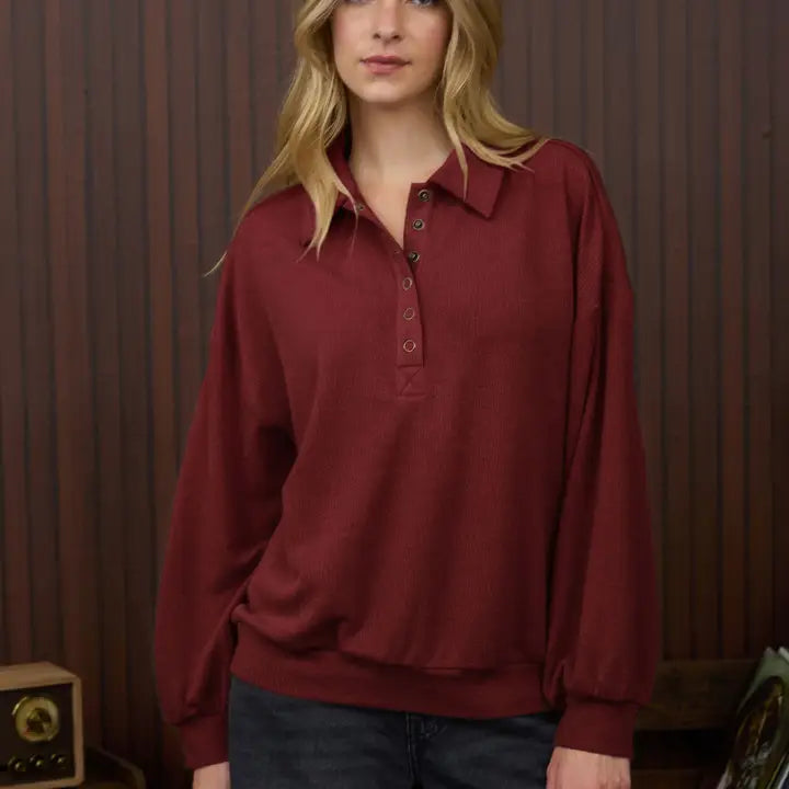 Collared Half Snap Button Long Sleeve