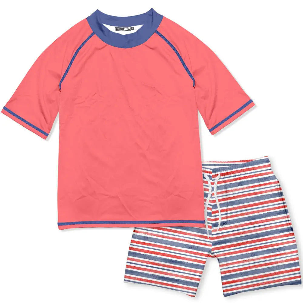 Coral Red White Blue Stripe Short Sleeve Rashguard Swim Set