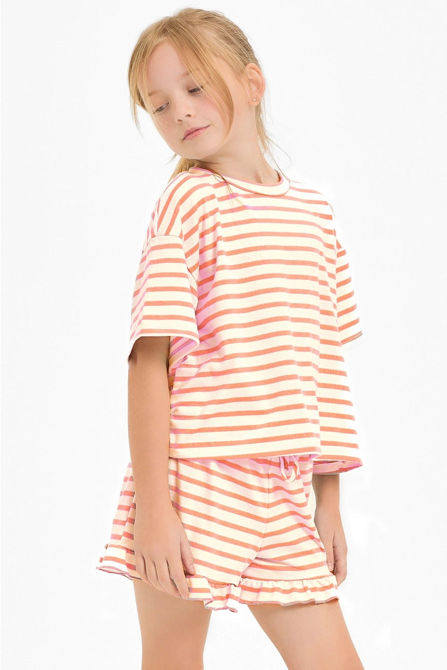 Coral Stripe Crop Top and Ruffle Shorts Set