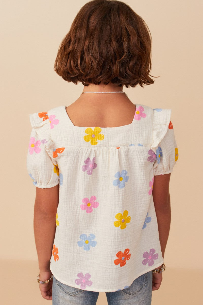 Floral Gauze Textured Square Neck Top