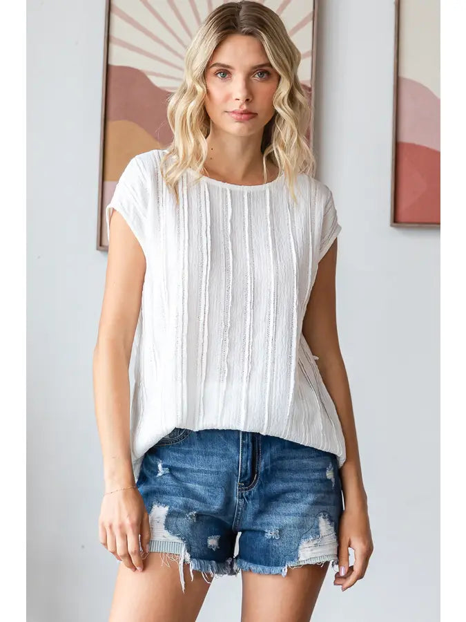 Lightweight Stripe Textured Cap Sleeves Off White Blouse