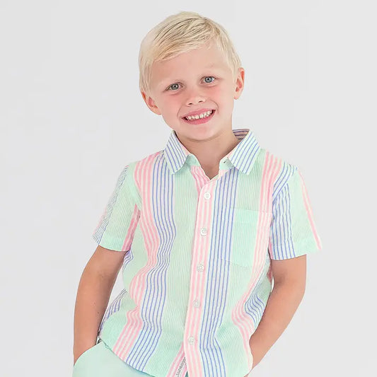 Multi-Color Seersucker Short Sleeve Button Down Shirt