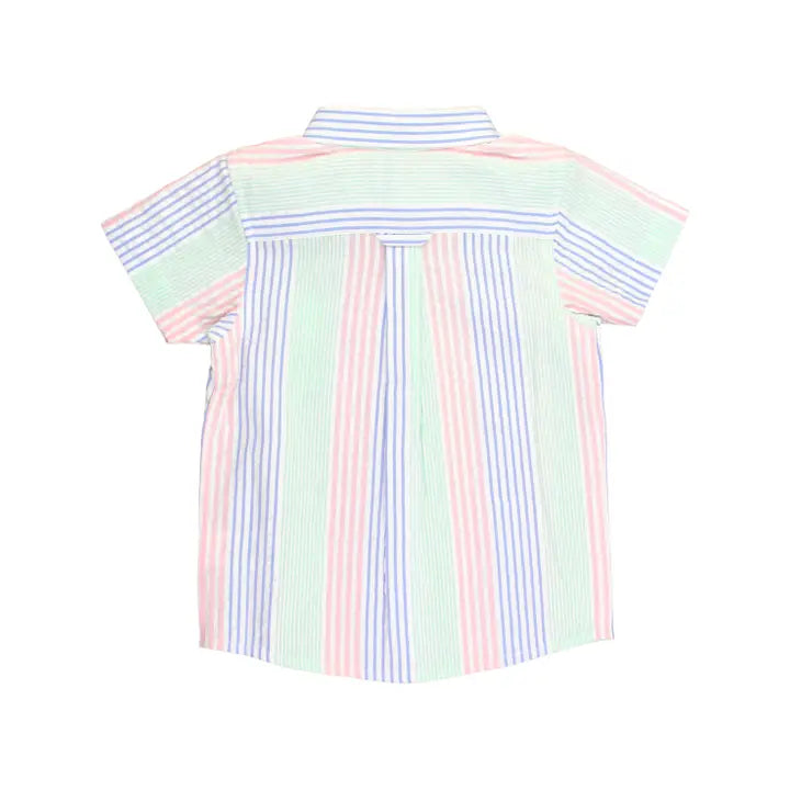 Multi-Color Seersucker Short Sleeve Button Down Shirt
