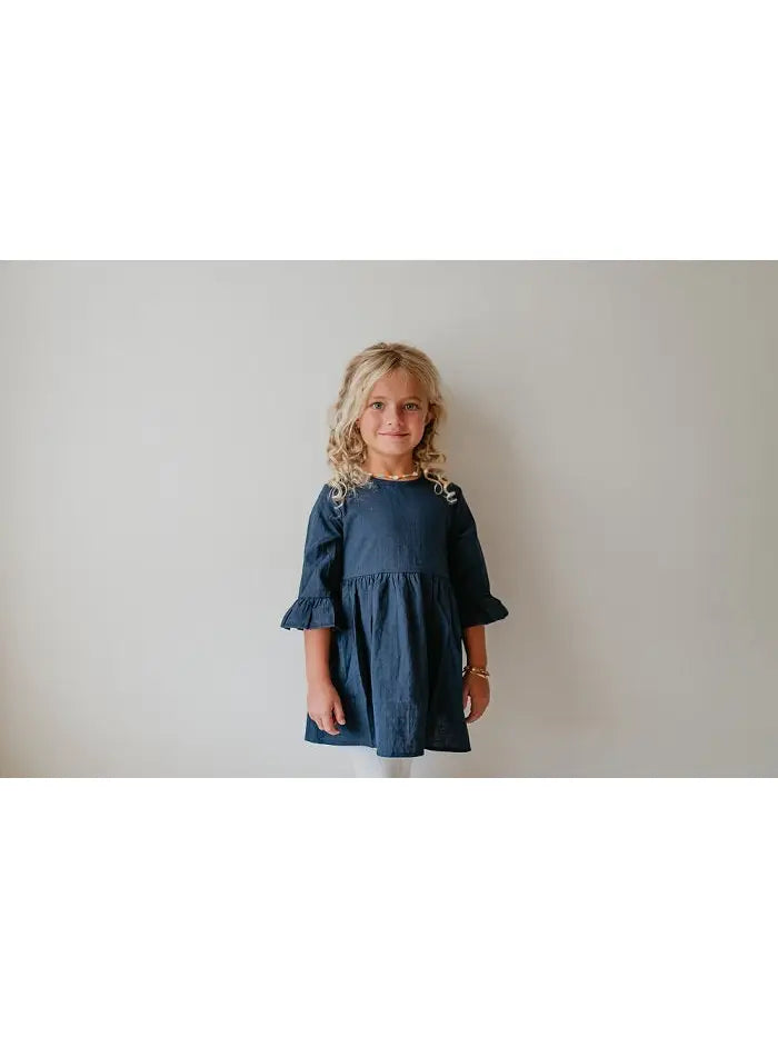 Navy Blue Ruffle Long Sleeve Shirt with Button Detail
