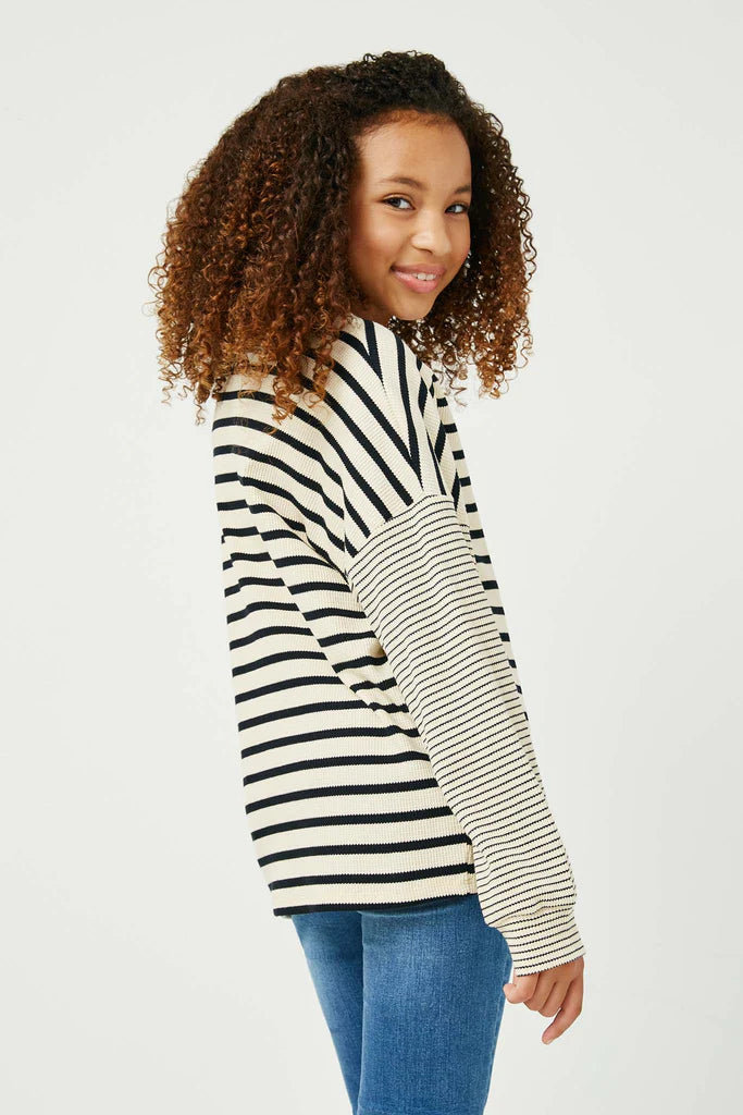 Contrast Stripe Sleeve Textured Knit Top Oatmeal