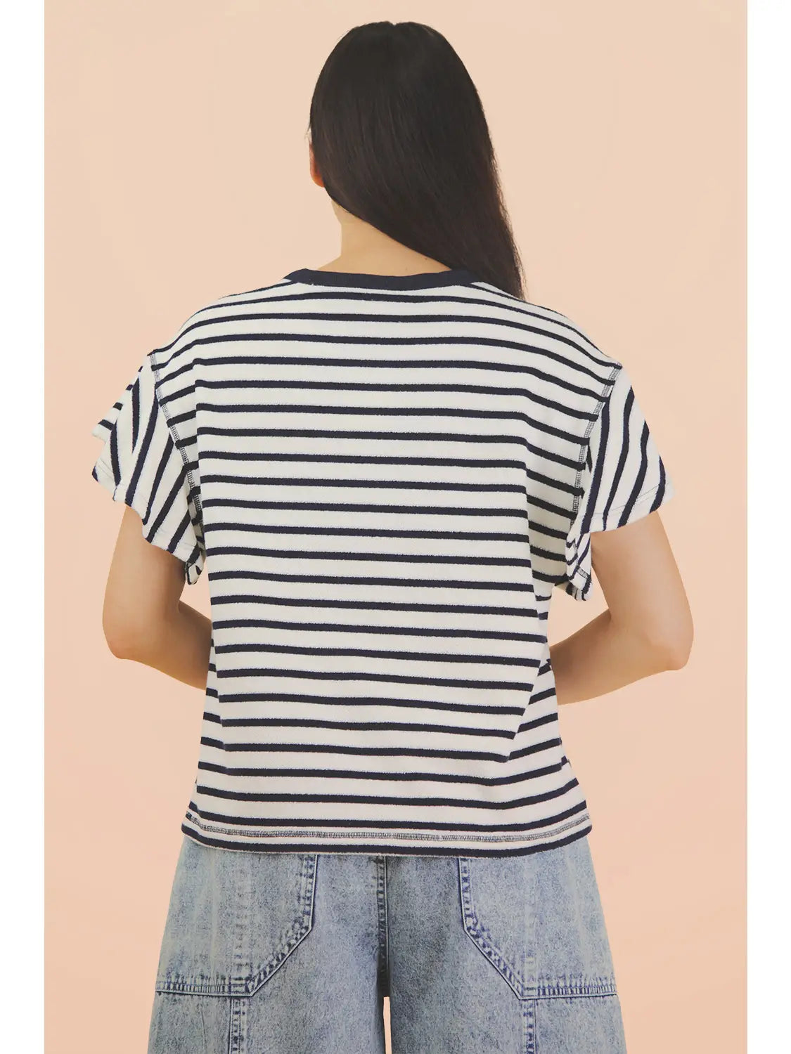 Oversized Ruffle Sleeve Casual Stripe Knit Top Oatmeal/Black