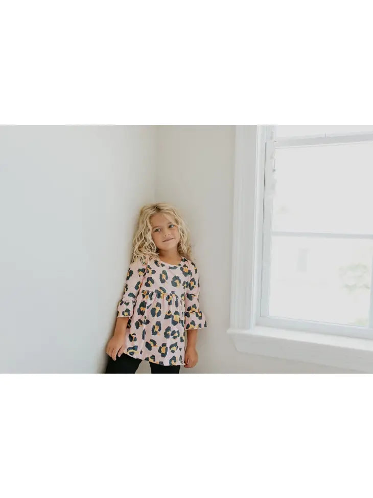 Kids Pink Leopard Ruffle Sleeve Shirt Blouse