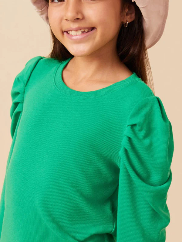 Pleated Puff Shoulder Knit Top Green