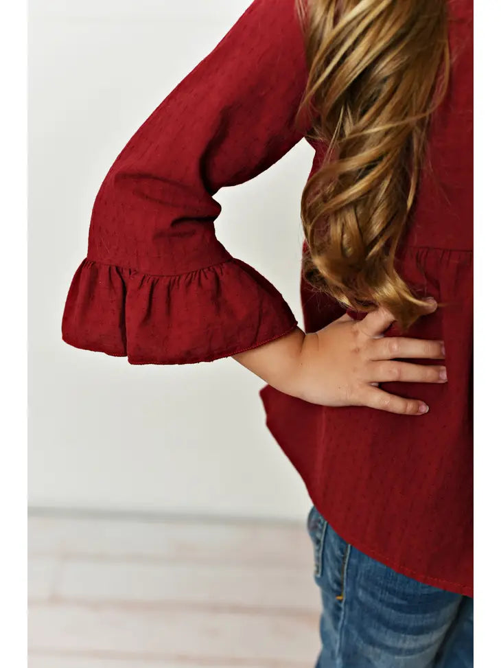 Kids Wine Ruffle Long Sleeve Shirt with Button Detail
