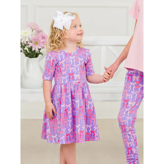 Rosy Ribbons Short Sleeve Purple Knit Twirl Dress