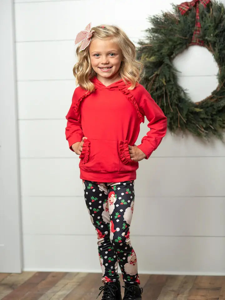 Santa Pocket Ruffle Hoodie Shirt & Leggings Winter Set
