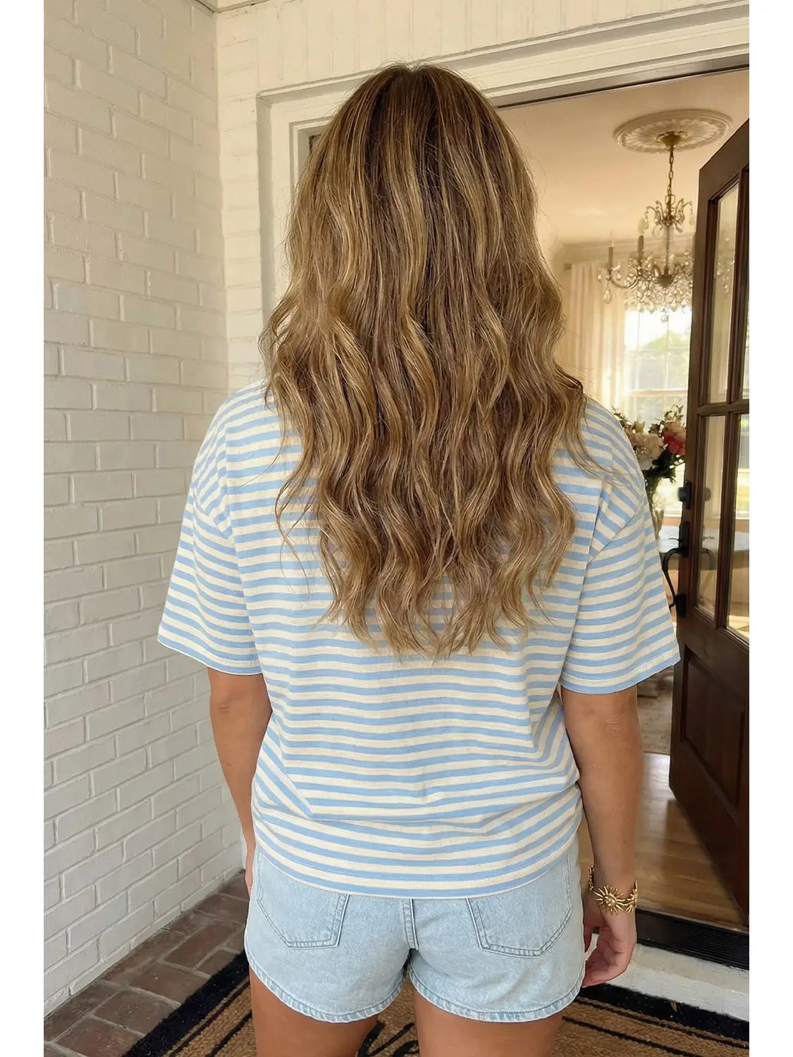 Sky Blue Stripe Looks Contrast Drop Shoulder Loose Tee