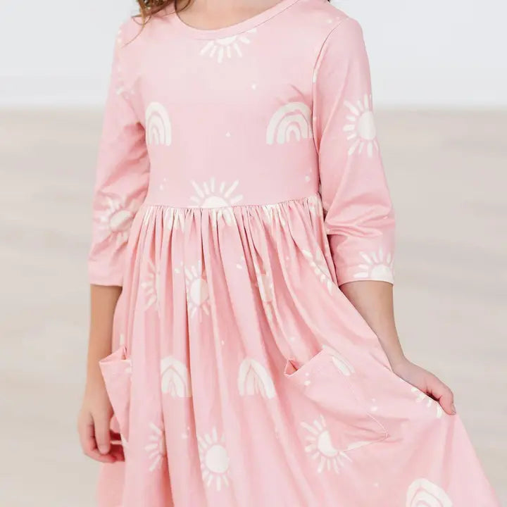 Soft Pink Suns 3/4 Sleeve Pocket Twirl Dress