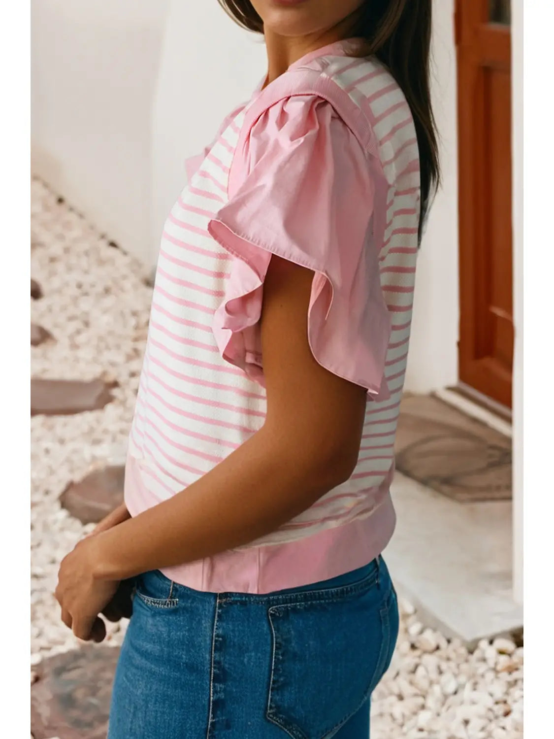 Stripe Ruffled Short Sleeve Patchwork Blouse