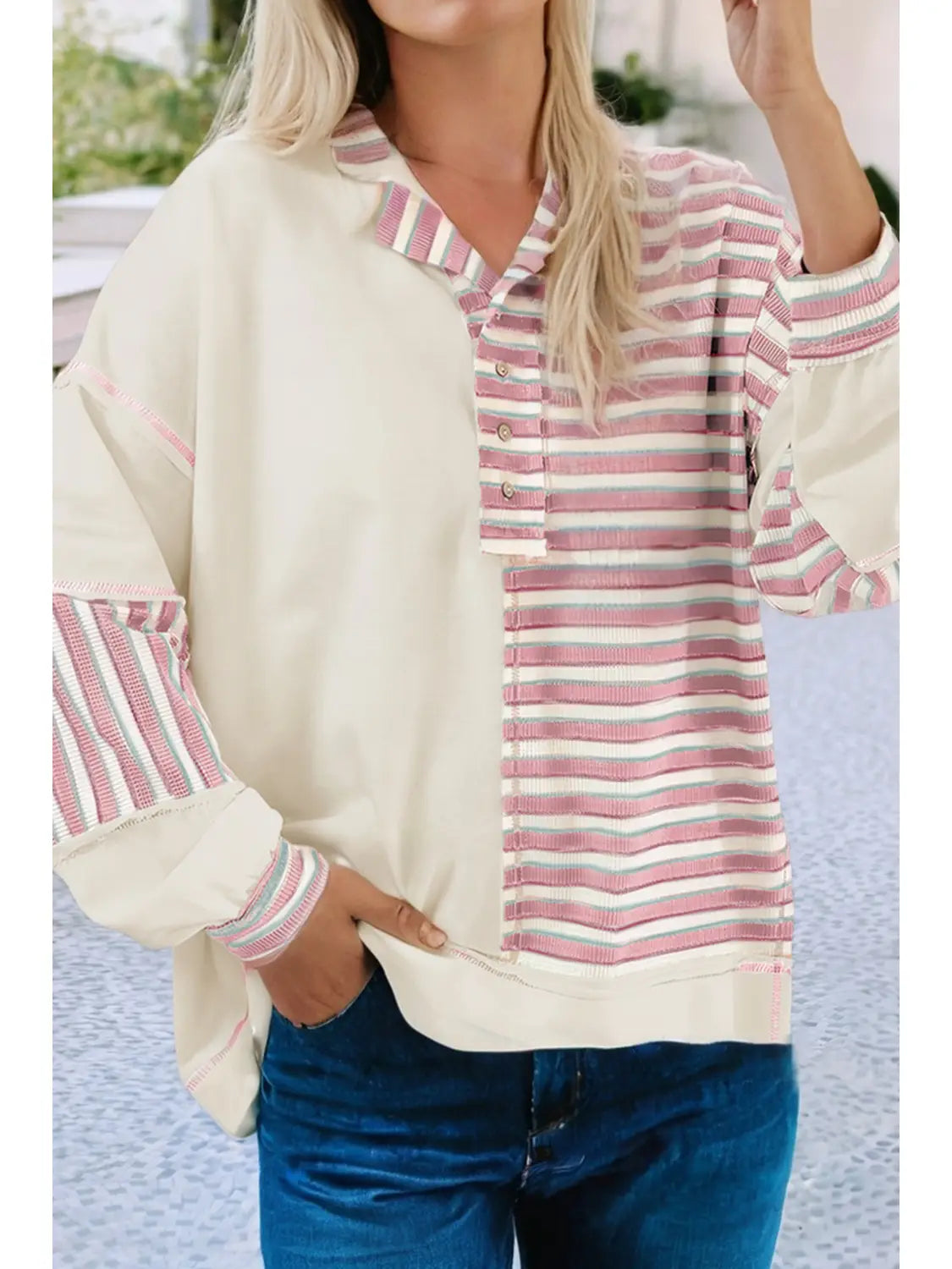 Stripe Stitched Detail Patchwork Oversized Pullover Top