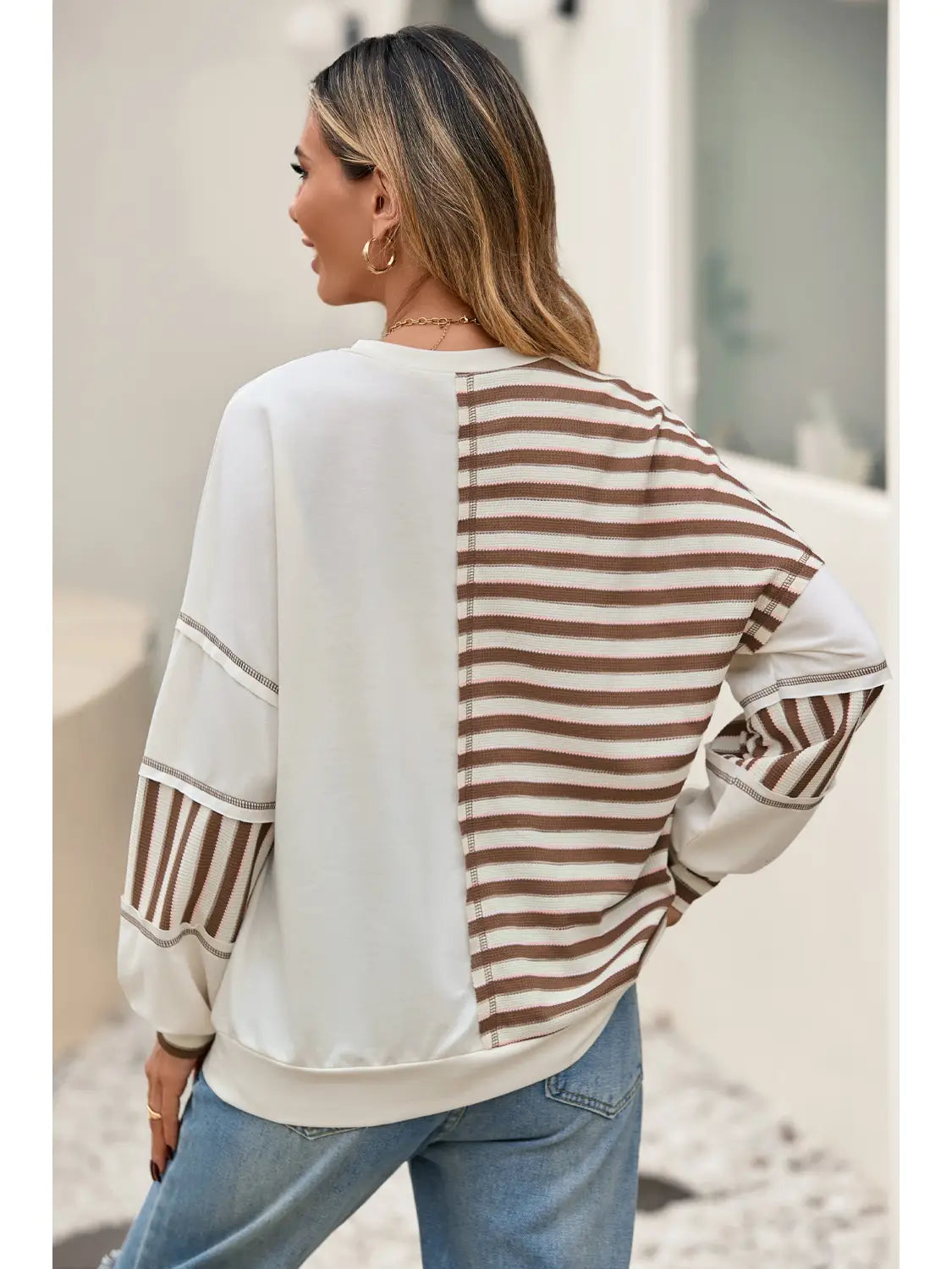 Stripe Stitched Detail Patchwork Oversized Pullover Top