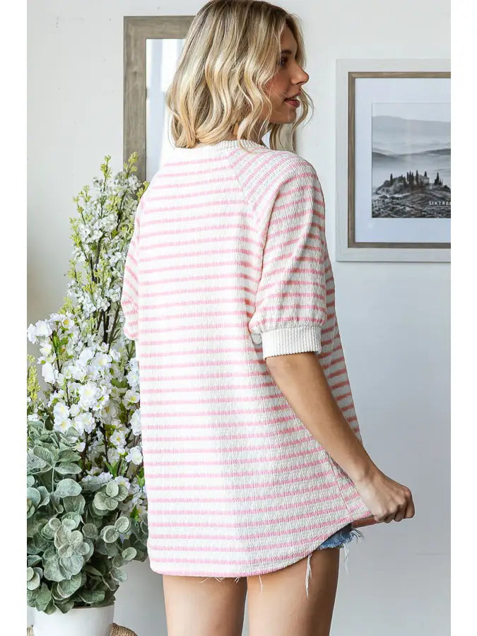Pink Stripe Textured V-Seam Short Sleeve Top