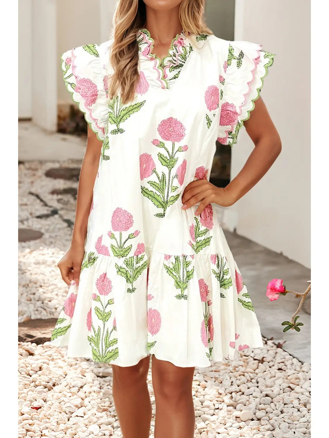White Floral Scalloped Embroidery Trim Drop Waist Mini Dress