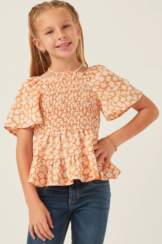 Bell Sleeve Square Neck Floral Smocked Top