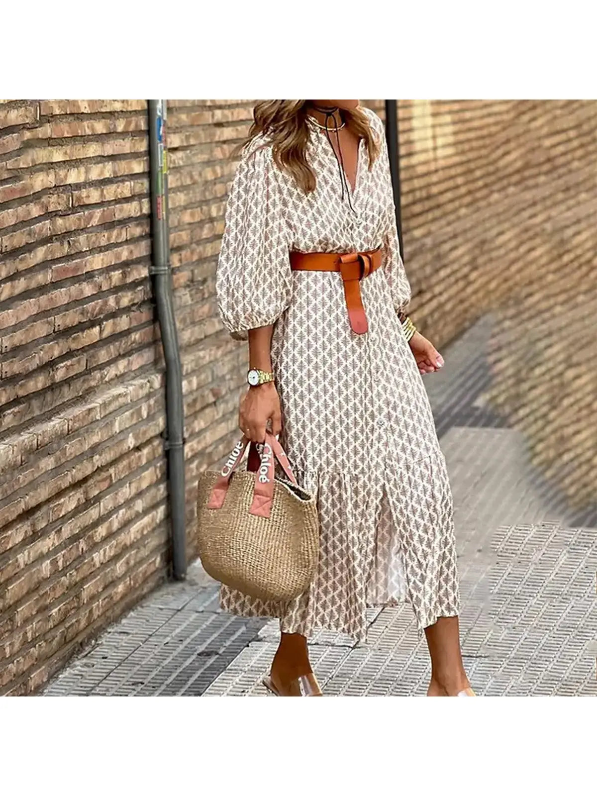 Belt Waist Print V-Neck Simple Single-Breasted Long Dress