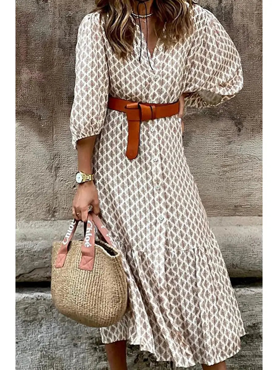 Belt Waist Print V-Neck Simple Single-Breasted Long Dress