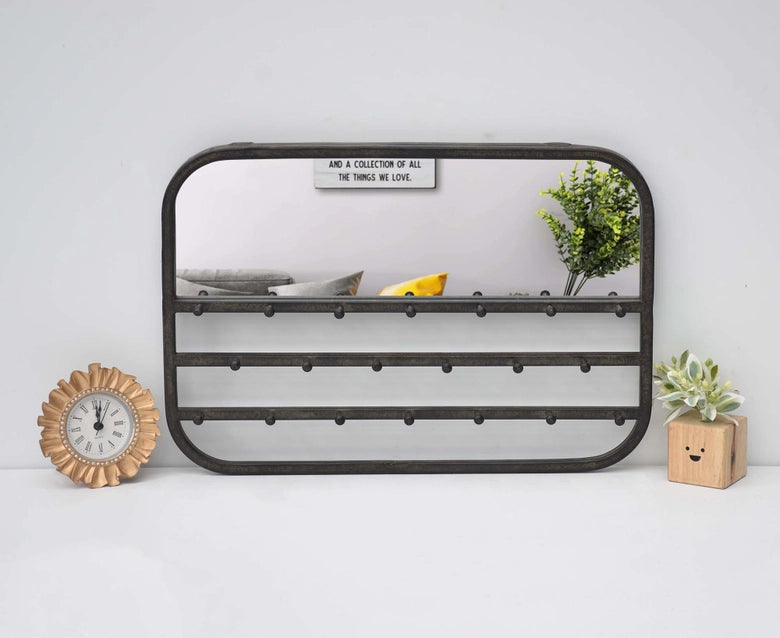 Black Metal Wall Mirror Jewelry Organizer with Hooks