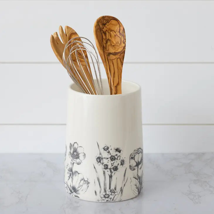 Black and White Botanical Utensil Holder