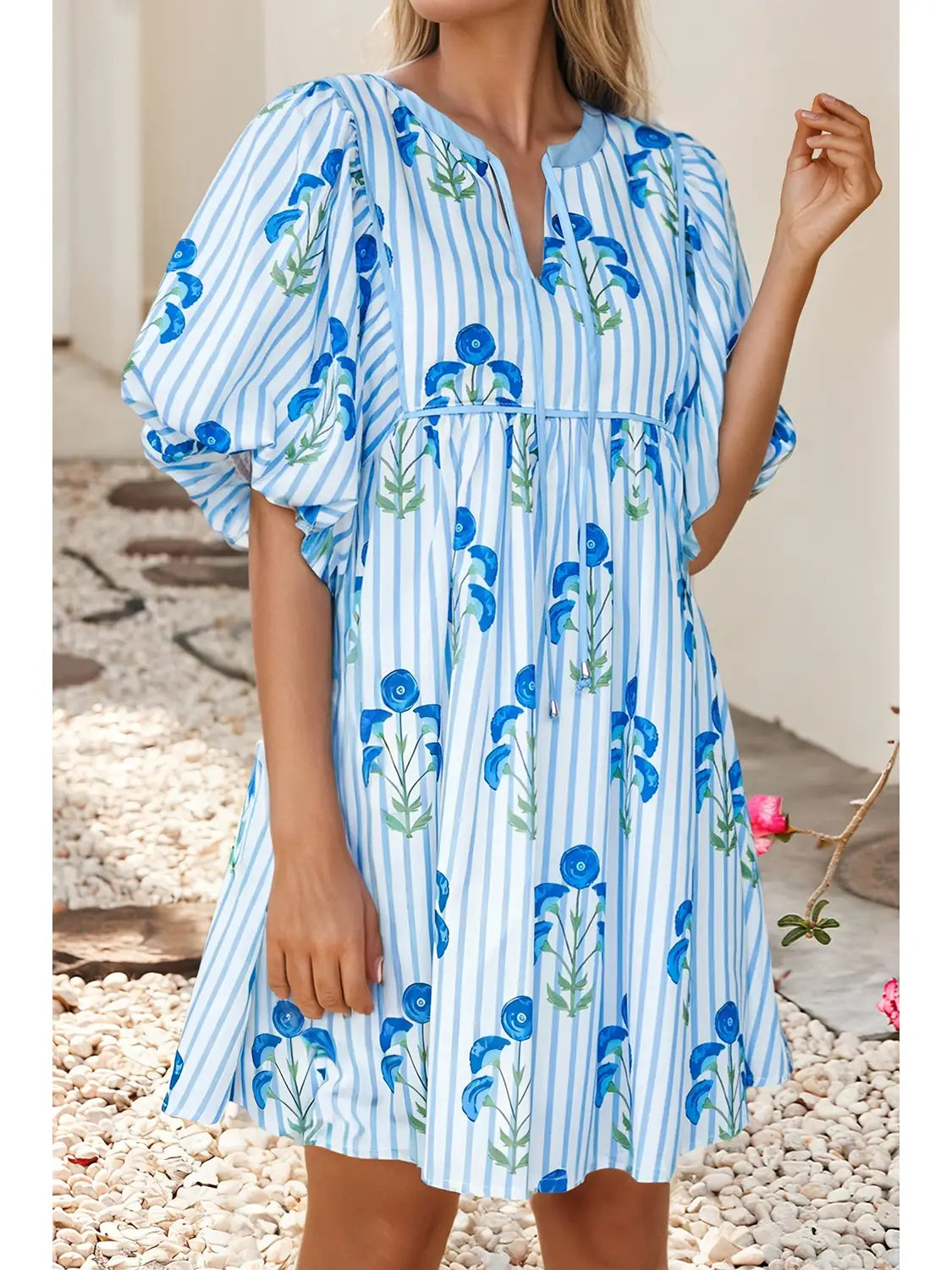 Floral Striped Tie Notched Neck Puff Sleeve Flared Dress Sky Blue