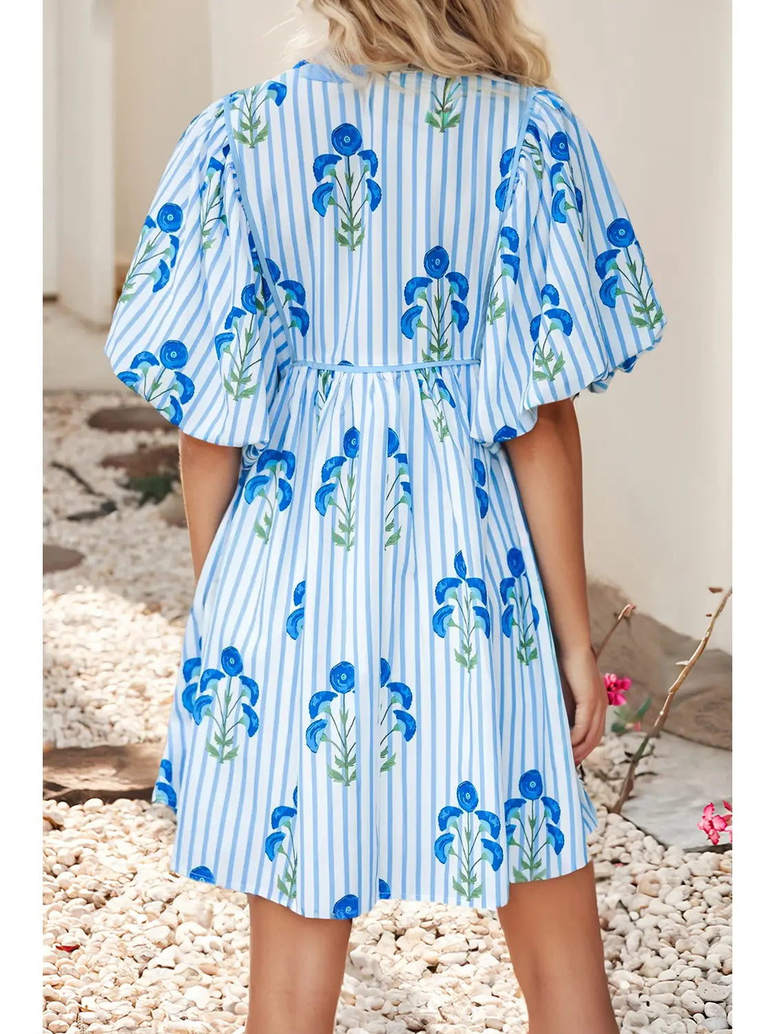 Floral Striped Tie Notched Neck Puff Sleeve Flared Dress Sky Blue
