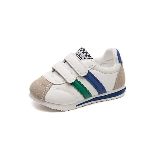 White Toddler Boy Shoes with Blue and Green Stripes