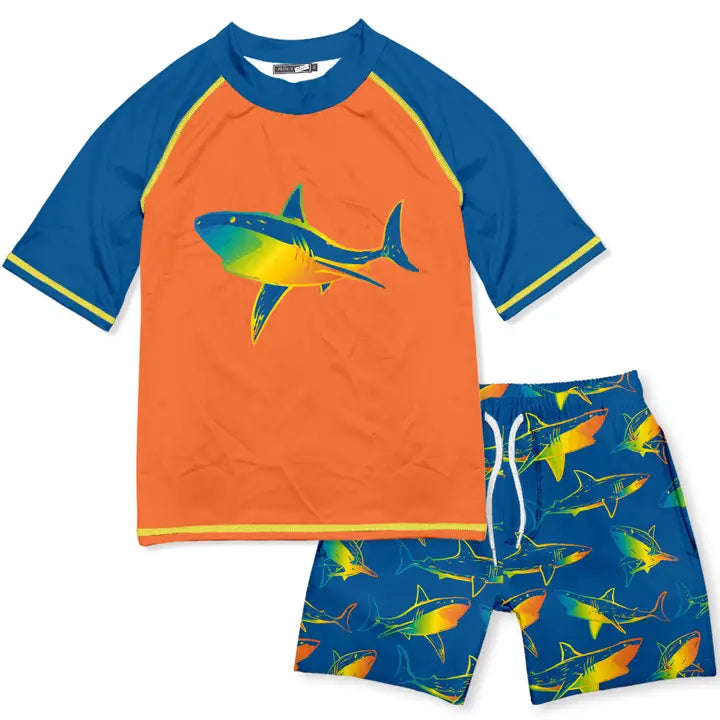 Blue Luminescent Shark Short-Sleeve Rashguard Swim Set