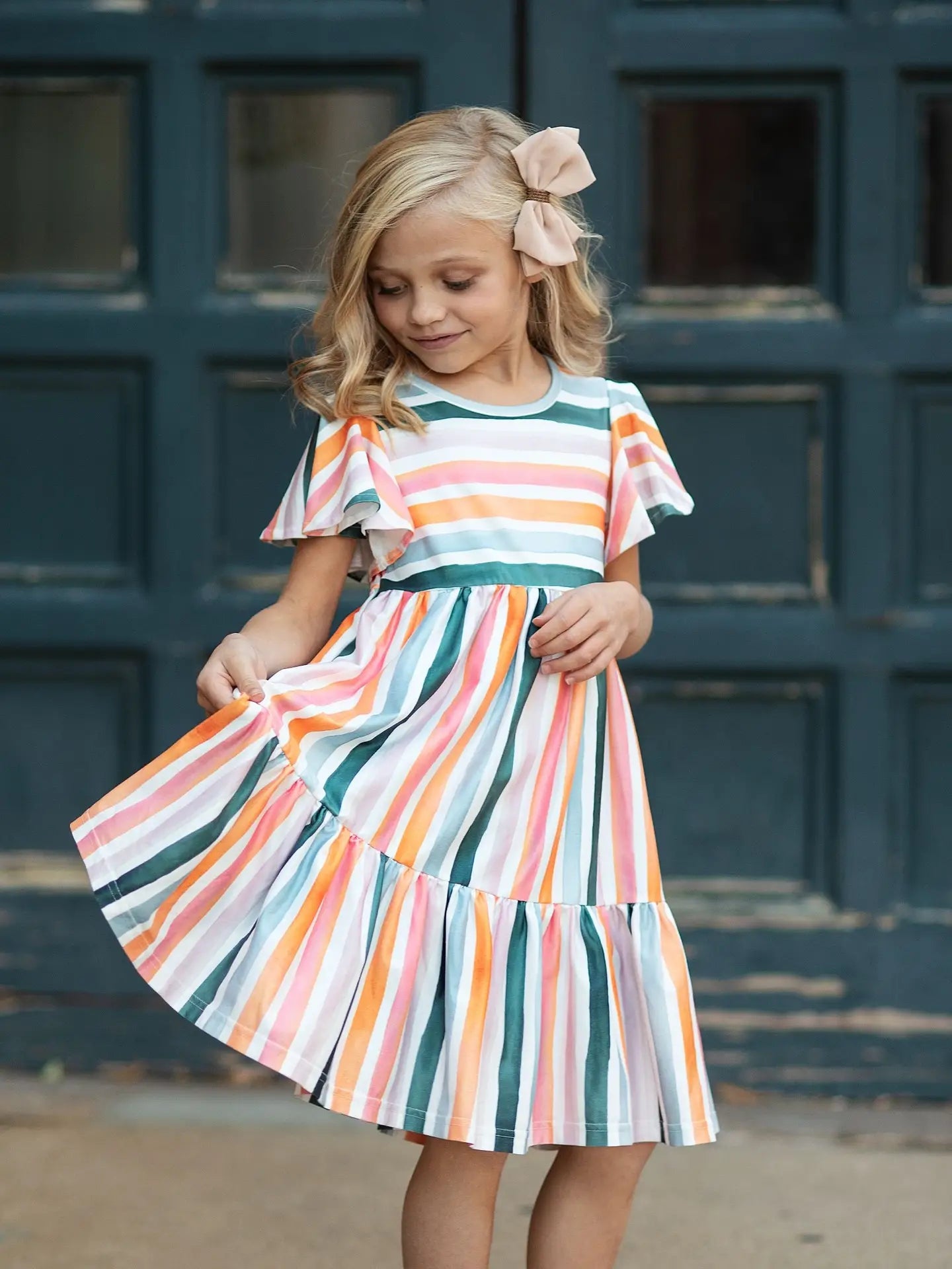 Boho Rainbow Stripe Spring Flutter Sleeve Dress
