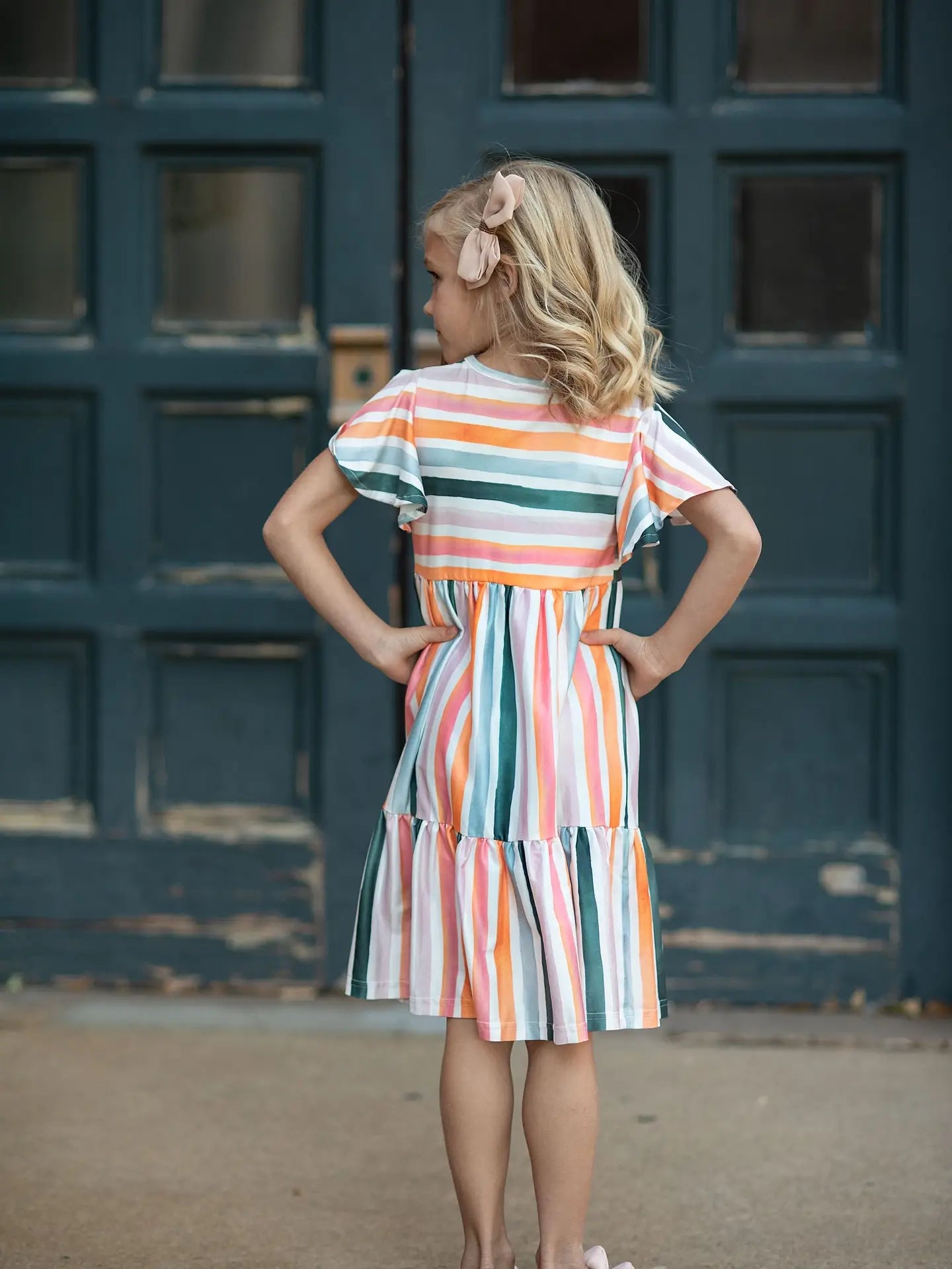 Boho Rainbow Stripe Spring Flutter Sleeve Dress