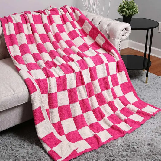 Reversible Checkerboard Patterned Throw Blanket-Fuchsia