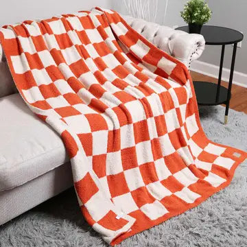 Reversible Checkerboard Patterned Throw Blanket-Orange