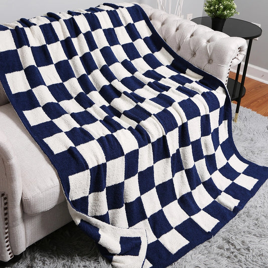 Reversible Checkerboard Patterned Throw Blanket-Navy