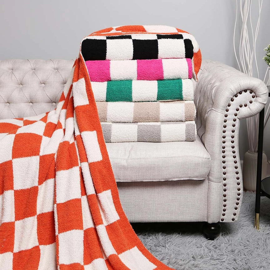 Reversible Checkerboard Patterned Throw Blanket-Orange