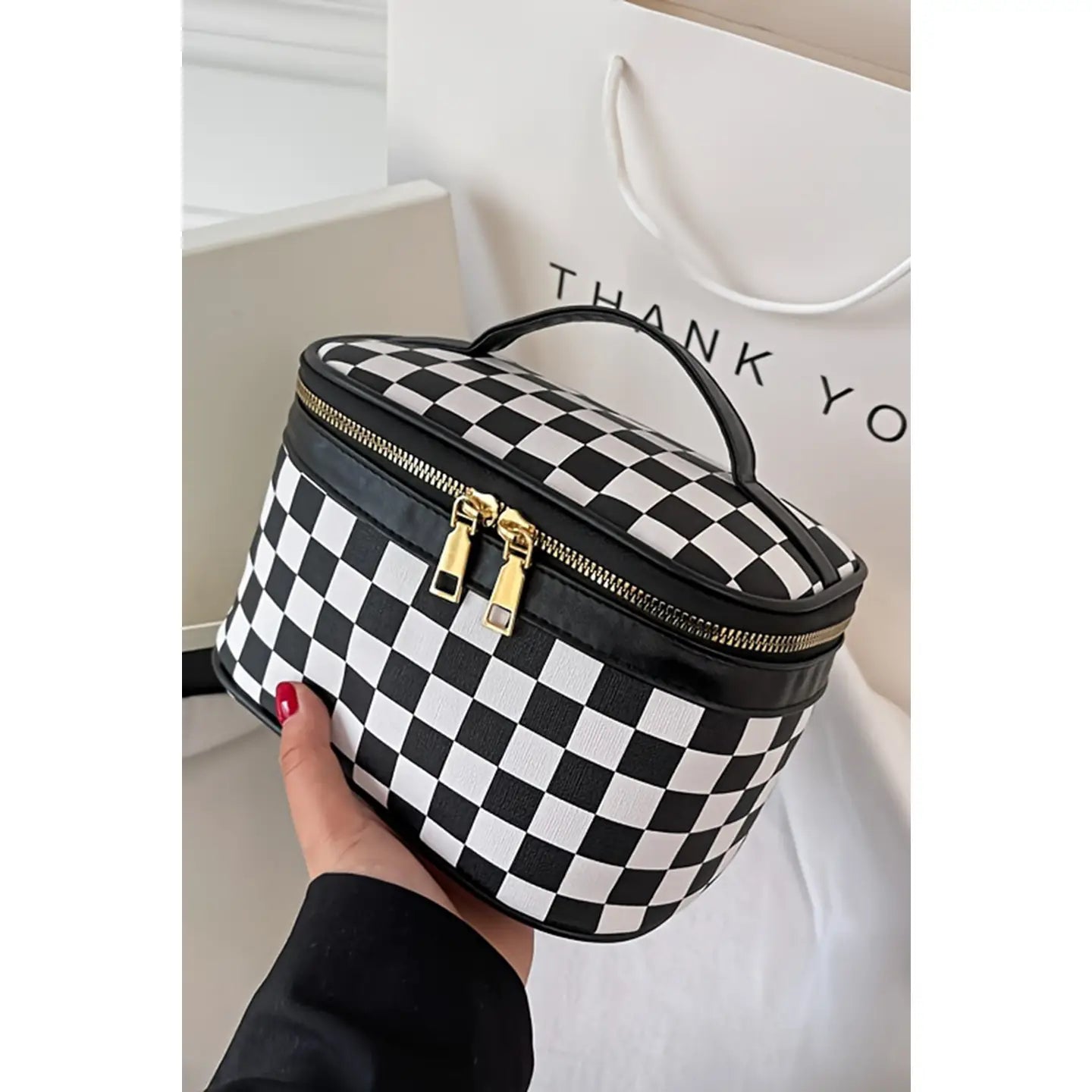 Checkered Zipper Handle Cosmetic Bag