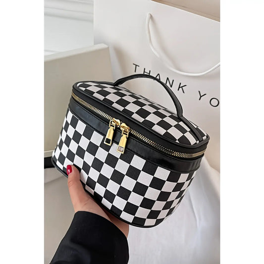 Checkered Zipper Handle Cosmetic Bag