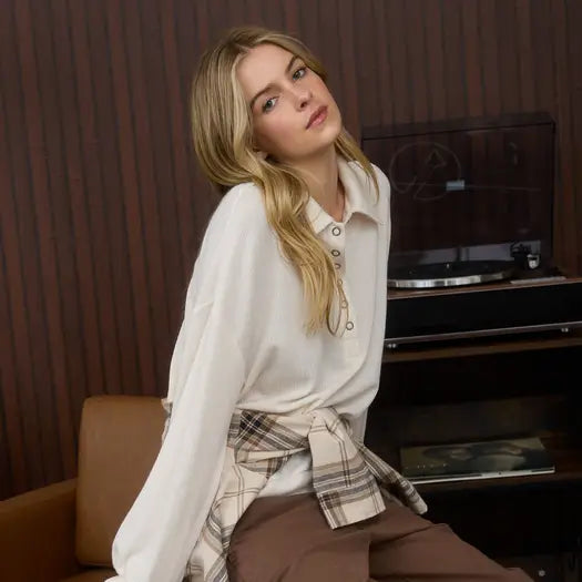 Collared Half Snap Button Long Sleeve