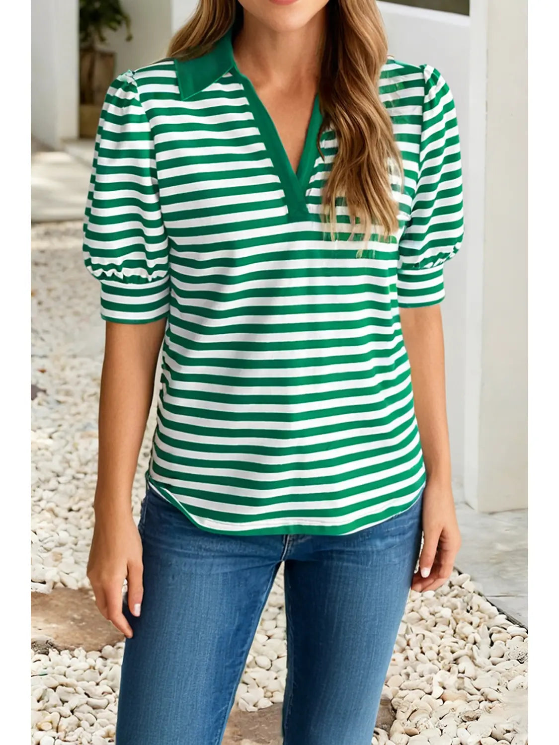 Collared V Neck Short Puff Sleeve Top