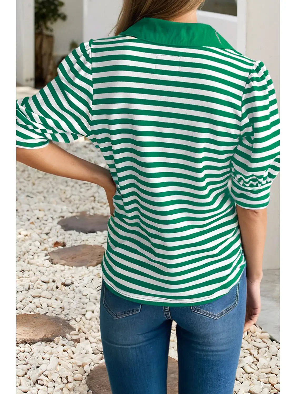 Collared V Neck Short Puff Sleeve Top
