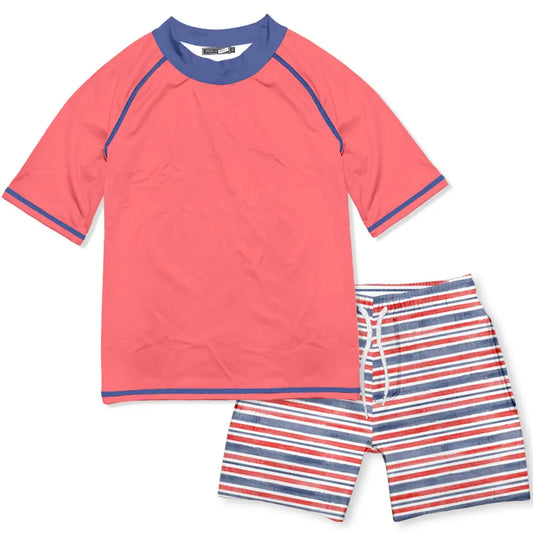 Coral Red White Blue Stripe Short Sleeve Rashguard Swim Set