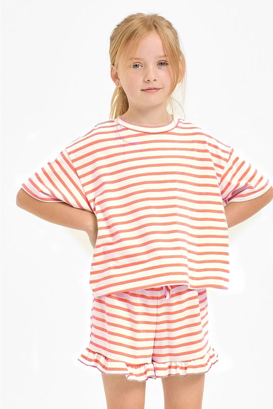 Coral Stripe Crop Top and Ruffle Shorts Set
