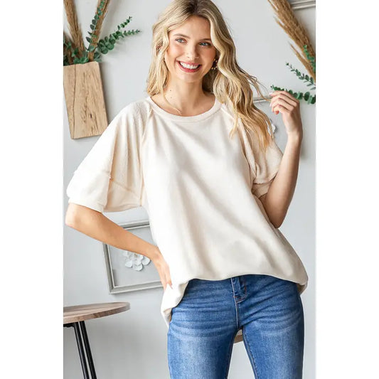 Cotton Blend Reverse Contrast Short Sleeve Cream