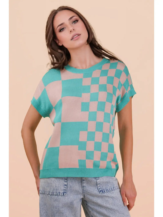 Dolman Sleeve Checkered Knit Casual Sweater Top Green Mix