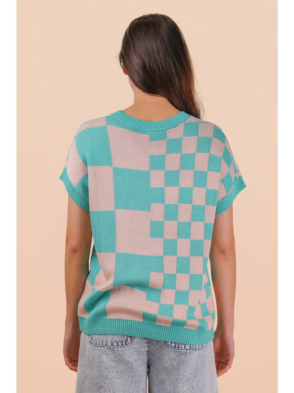 Dolman Sleeve Checkered Knit Casual Sweater Top Green Mix